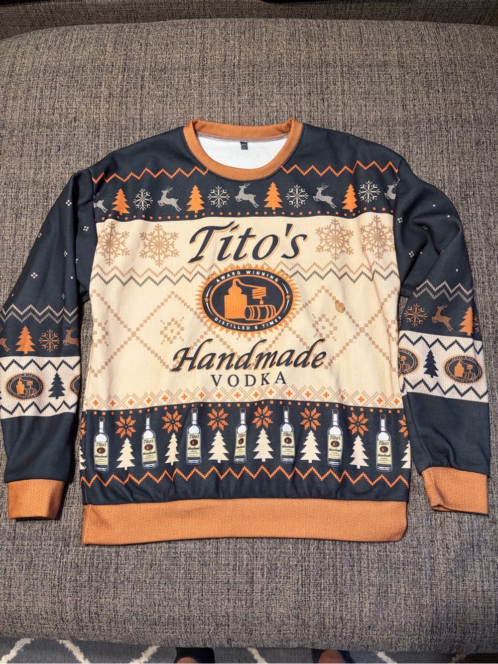 Tito’s Handmade Vodka Ugly Men's Christmas Crewneck- Navy & Tan